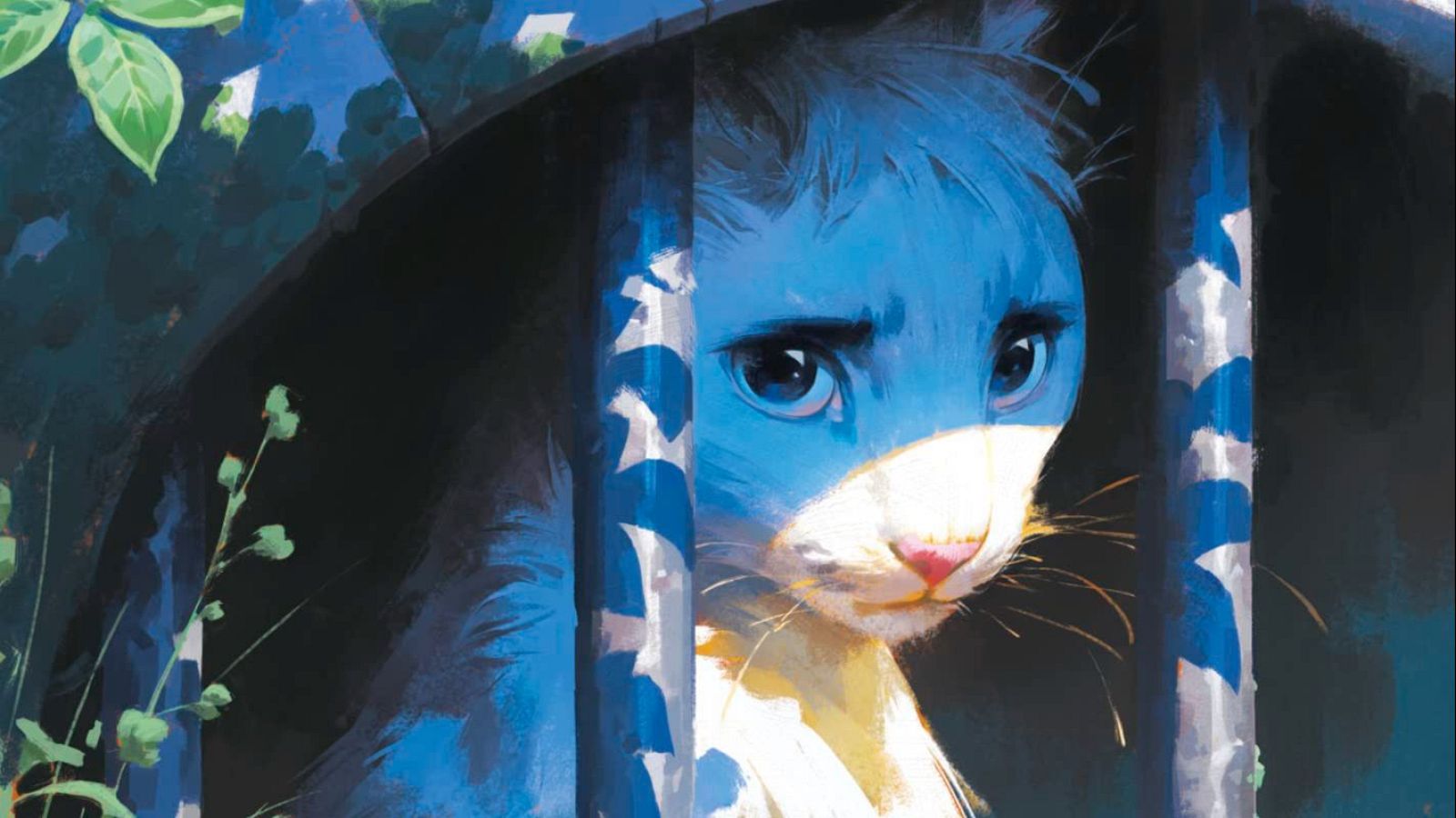 Animal azul con pelaje vibrante y ojos melancólicos tras barras oscuras, en la portada del cómic "El castillo de los animales".
