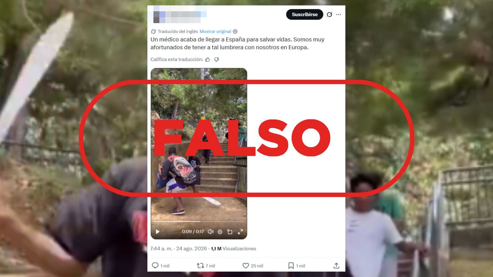 No es un joven migrante manejando un machete en España, es falso