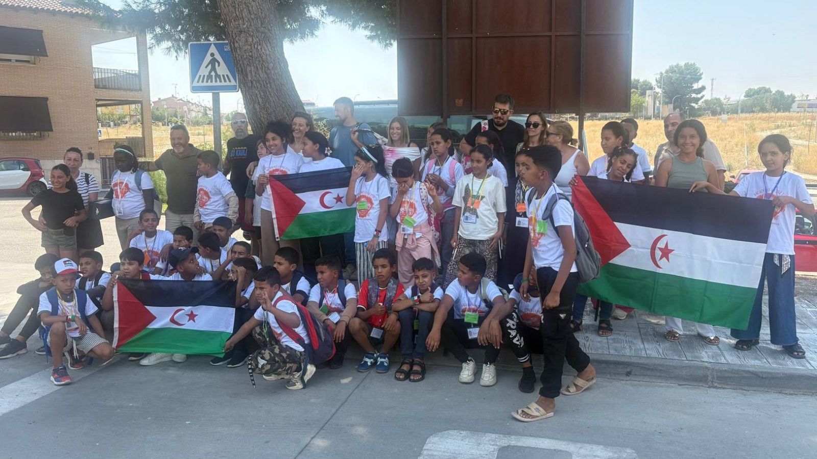 Grupo de niños y adultos con banderas de la RASD en un día soleado, con un edificio, árbol y terreno seco de fondo. Se aprecian identificaciones colgadas del cuello de algunos niños.