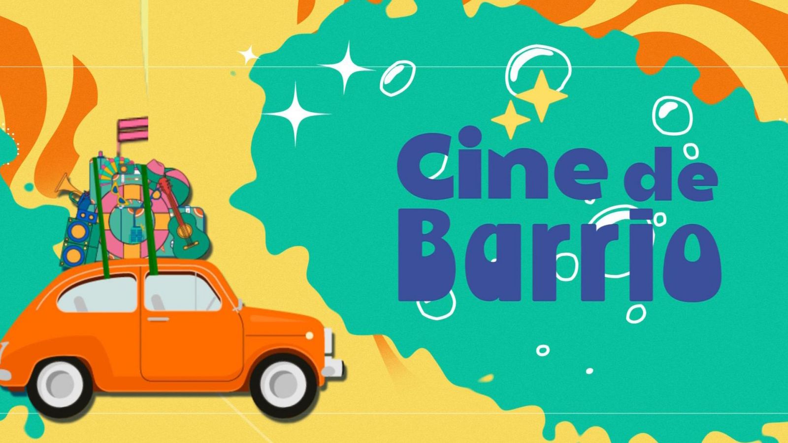 Cabecera para "Cine de Barrio" 2026 de La 2: coche naranja con equipaje, guitarra, trompeta y título en azul sobre fondo abstracto y colorido.