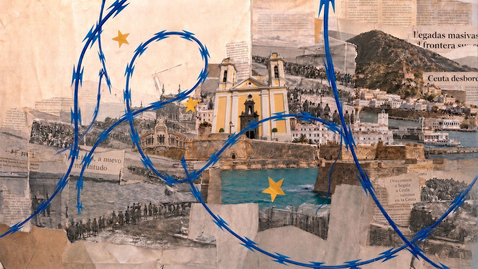 Collage editorial sobre la frontera sur de la UE en Ceuta, con alambre de espino, estrellas de la UE, recortes de periódicos y vistas de la ciudad, abordando las tensiones migratorias.