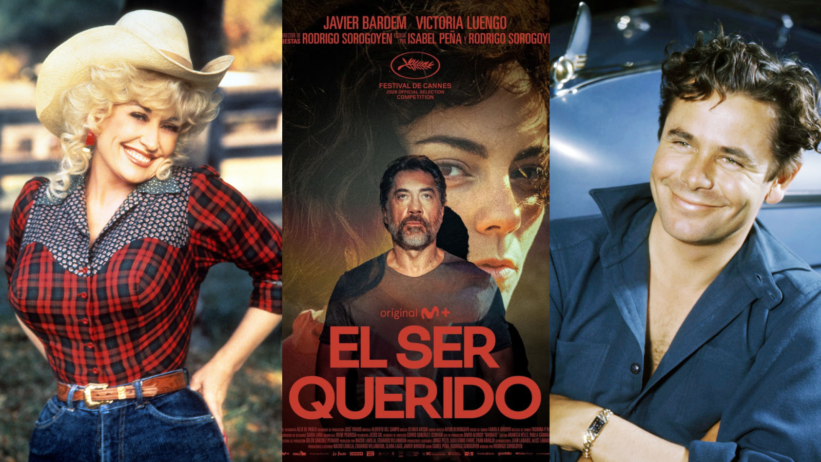 Montaje de La 2 con Dolly Parton, cartel de "EL SER QUERIDO" (Javier Bardem, Victoria Luengo, Festival de Cannes) y retrato de un hombre sonriente con camisa azul.