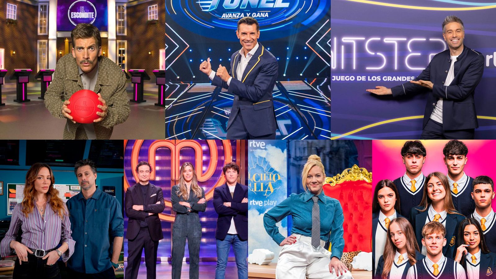 Montaje de RTVE con Roberto Leal, Rodrigo Vázquez, Mónica López, Diego Losada, MasterChef, Eva Soriano y un grupo de jóvenes en uniformes escolares.