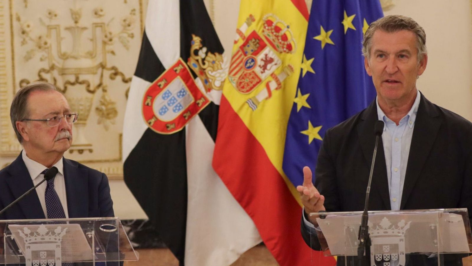 Feijóo y la dirección del PP secundarán las concentraciones "en defensa de las fronteras"
 El presidente del PP, Alberto Núñez Feijoó, durante una rueda de prensa junto al presidente de la Ciudad Autónoma de Ceuta, Juan Jesús Vivas