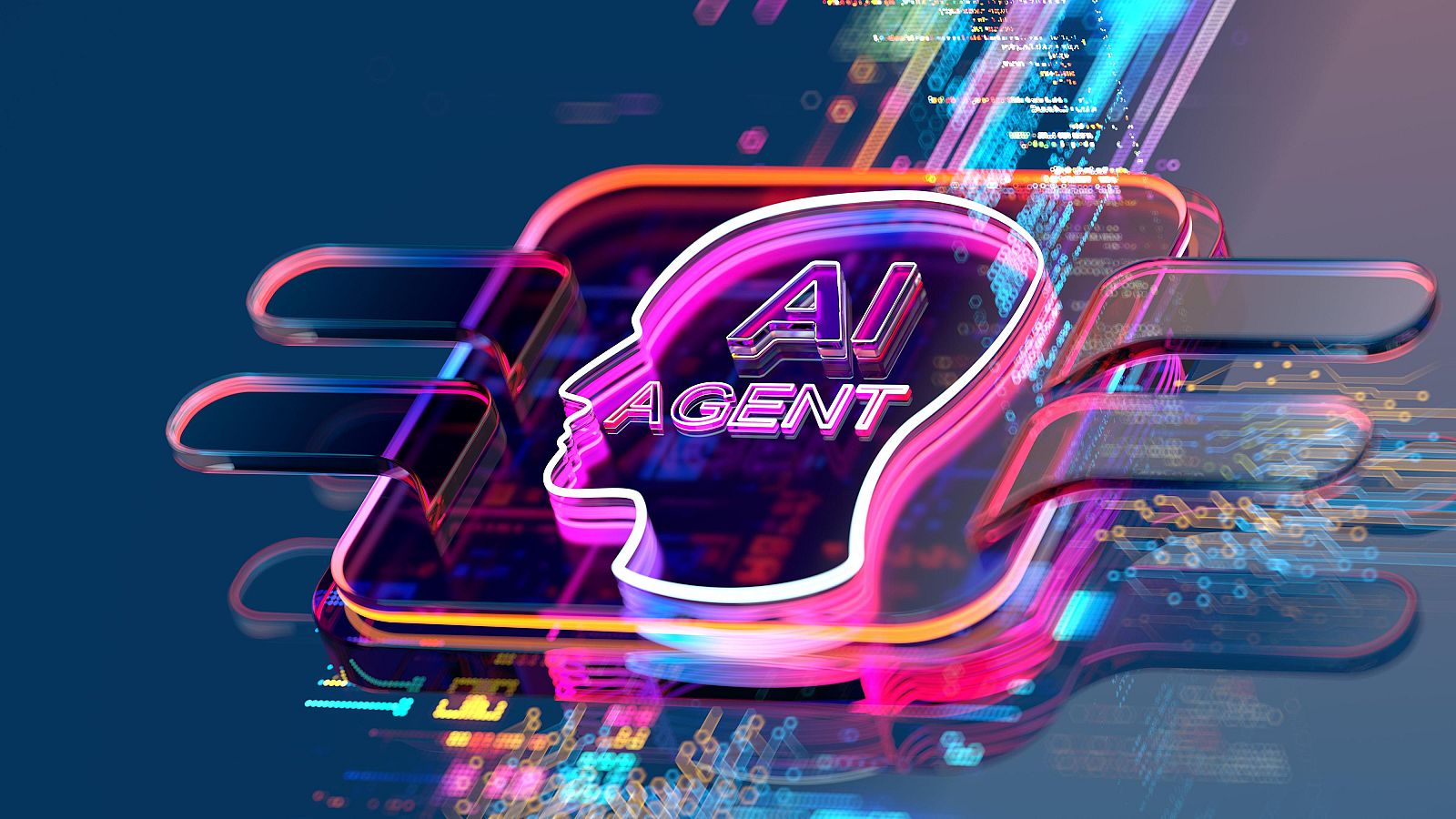Recreación infográfica de un agente de IA, con las letras "AI agent" en el centro dentro de una cabeza dibujada con fluorescentes