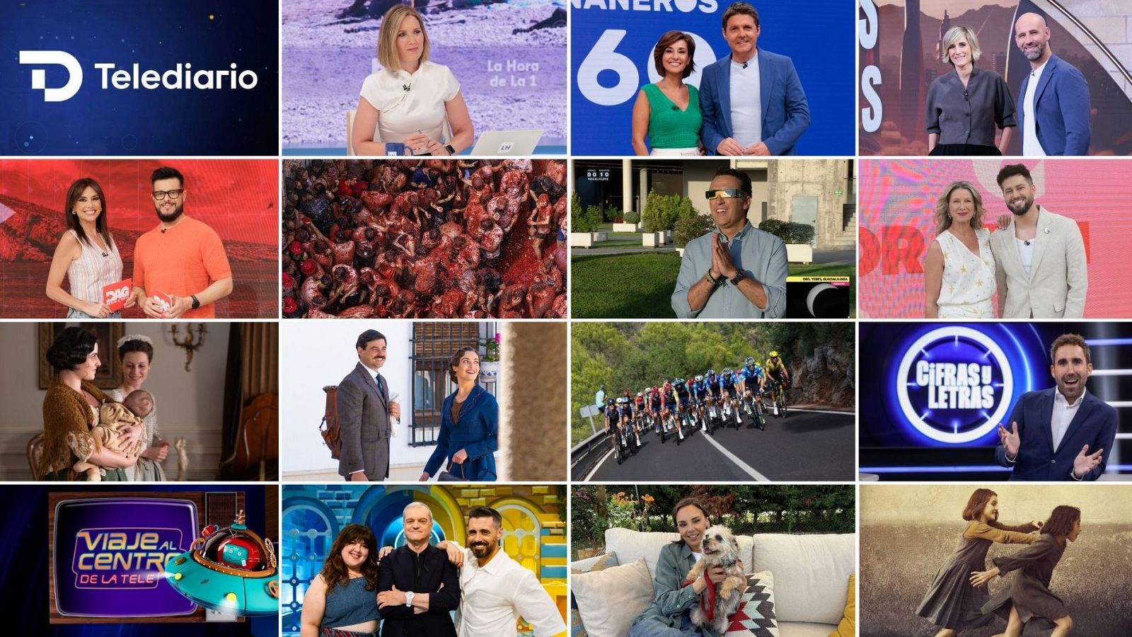 Collage de 16 imágenes de la programación de RTVE, incluyendo presentadores como Silvia Intxaurrondo, Roberto Leal, Eva González, Anne Igartiburu, Jordi Hurtado, Lara Siscar, Xabier Fortes, Toñi Moreno, Aitor Albizua, Juan y Medio, y figuras como Karlos Arguiñano y Tamara Falcó.