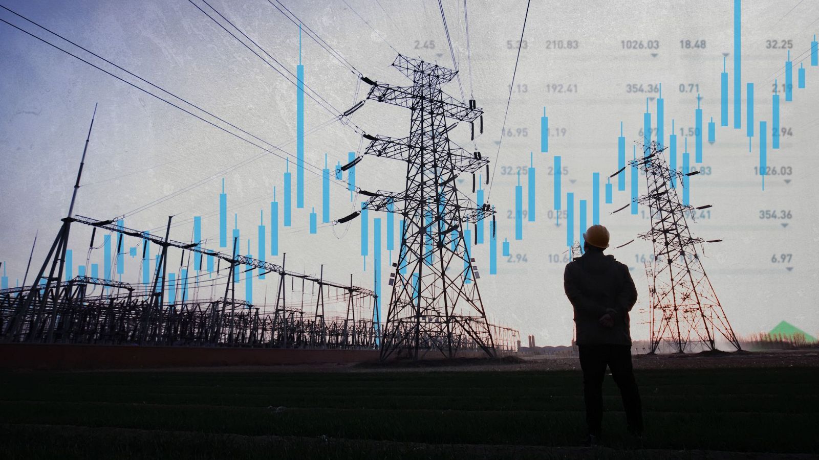 Infraestructura energética y gráficos financieros ascendentes se entrelazan, simbolizando la relación entre energía y economía, con una persona contemplando la escena.
