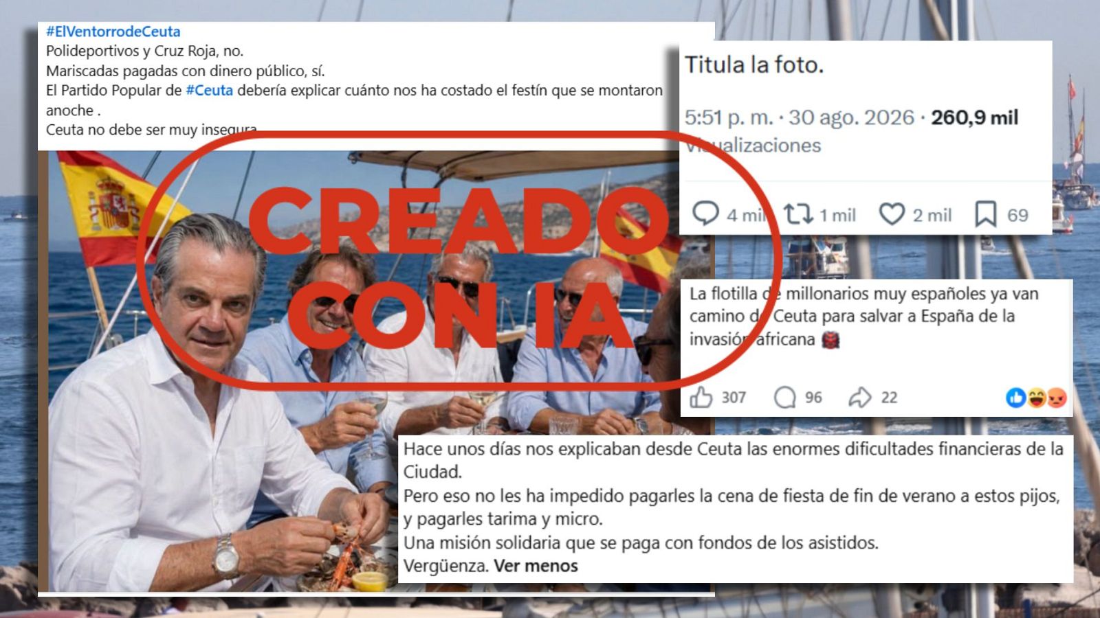 Esta imagen que muestra a varios integrantes de la ‘Armada de la Solidaridad’ de Ceuta comiendo marisco es IA