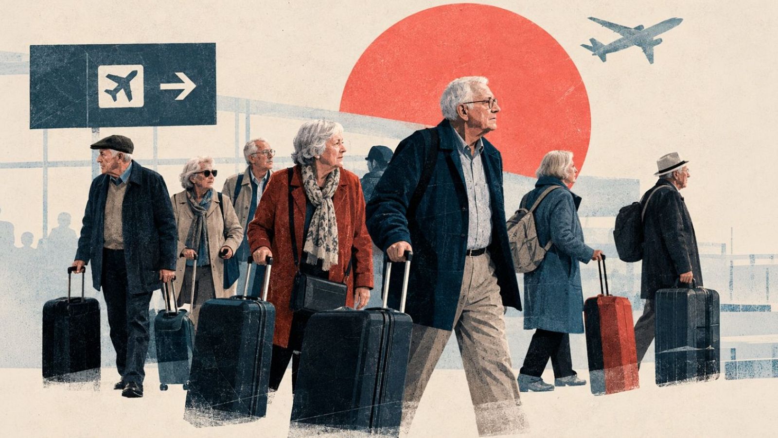 Ilustración de personas mayores viajando en un aeropuerto, con maletas, señal de avión y un avión en el cielo. Un círculo rojo brillante destaca en el fondo.