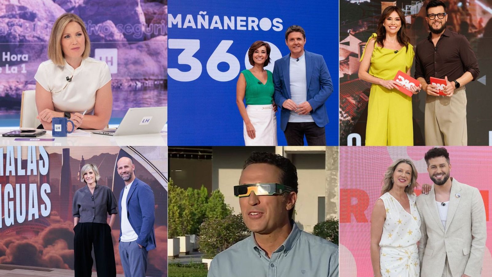 Montaje de seis fotos de presentadores de TV: Mónica López (La Hora de La 1), Jaime Cantizano y Miriam Moreno (Mañaneros 360), Lara Álvarez y Dani Martínez, Eva Soriano y Miguel Maldonado (Batallas de Aguas), un hombre con gafas futuristas, y Anne Igartiburu y Jordi Cruz.