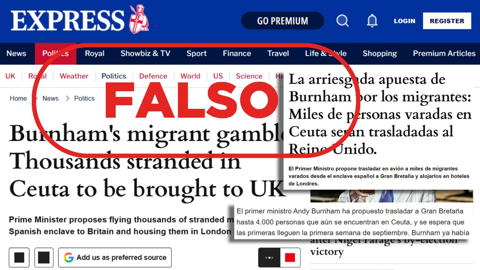 Suplantación del Daily Express que difunde falsamente el traslado de miles de migrantes de Ceuta