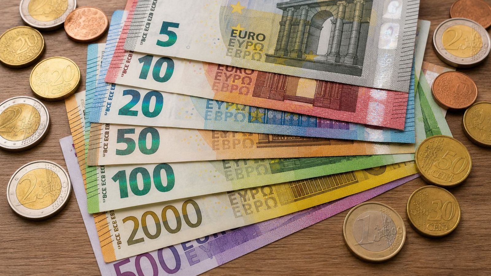 Colección de billetes y monedas de euro.