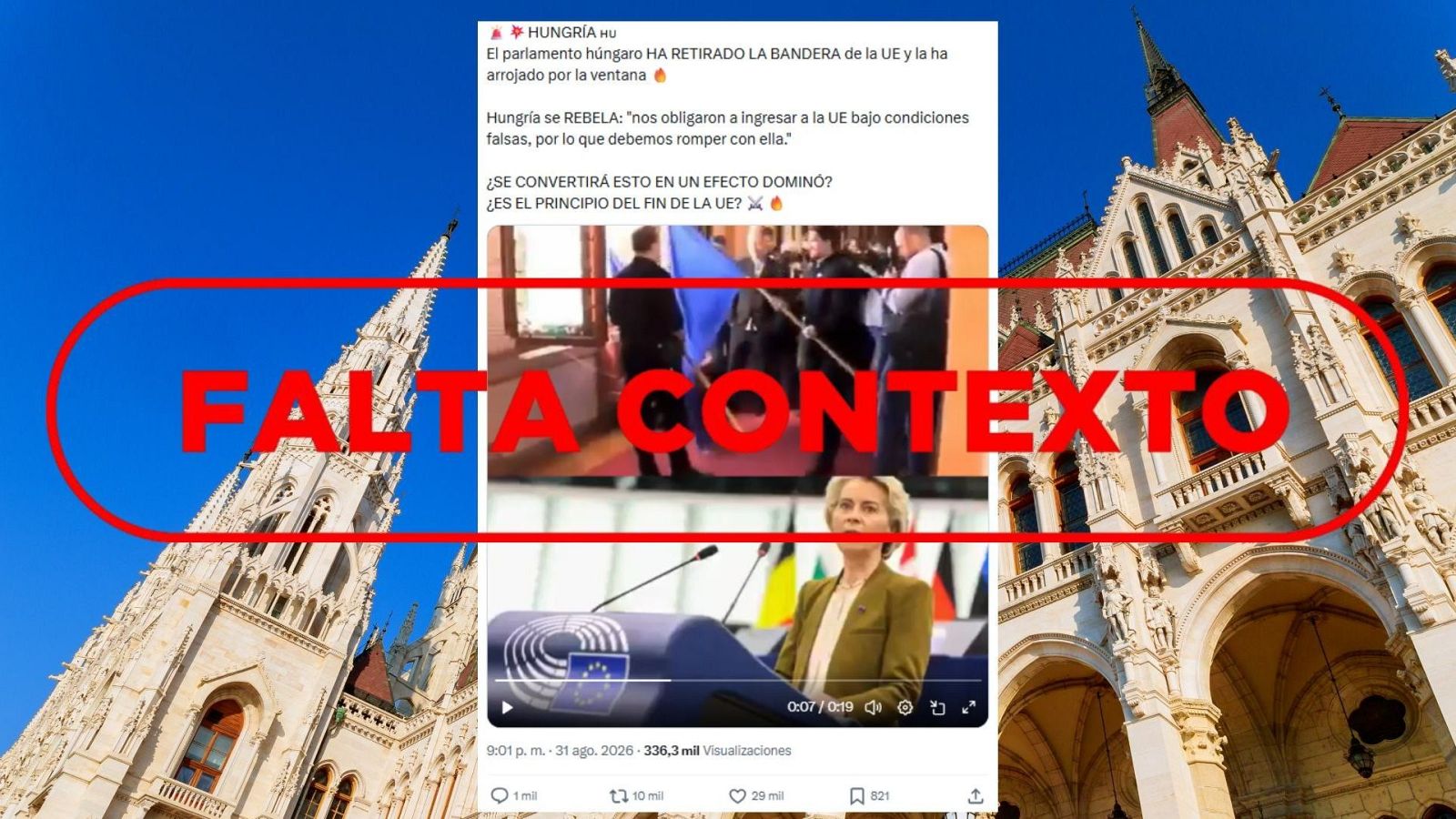 Mensaje que difunde falsamente que el Parlamento húngaro ha retirado la bandera de la Unión Europea