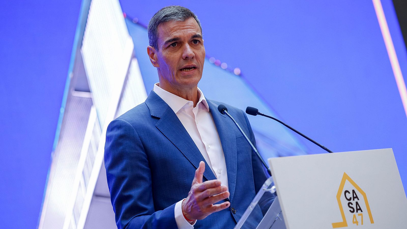 El presidente del Gobierno, Pedro Sánchez, durante la presentación del nuevo portal de Casa 47,