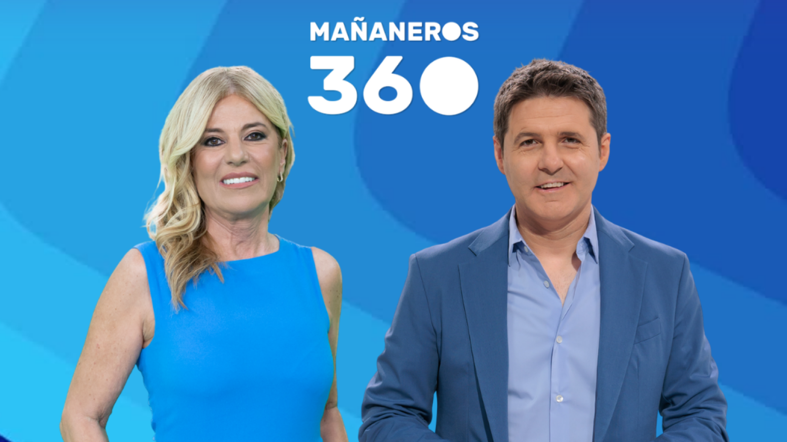 Jaime Cantizano y Miriam Moreno, presentadores de "Mañaneros 360", posan sonrientes sobre un fondo azul con el título del programa en blanco.