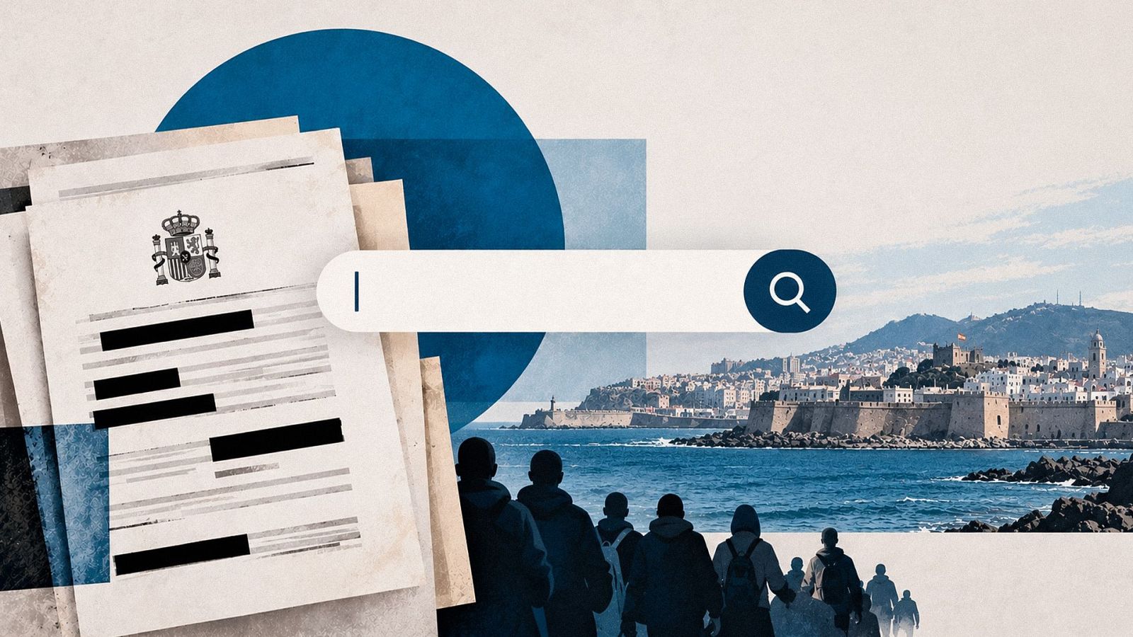 Imagen de un buscador sobre documentos confidenciales, una fila de personas y un skyline de la ciudad de Ceuta desde el mar.