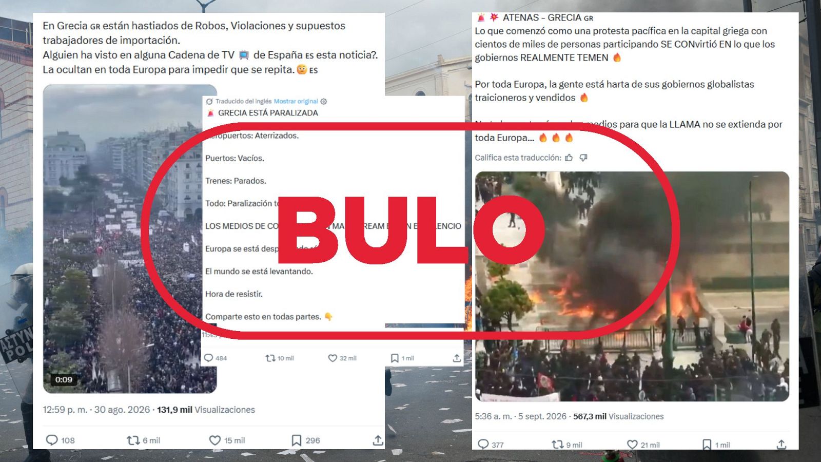 Mensajes que difunden vídeos antiguos como si fueran manifestaciones recientes en Grecia