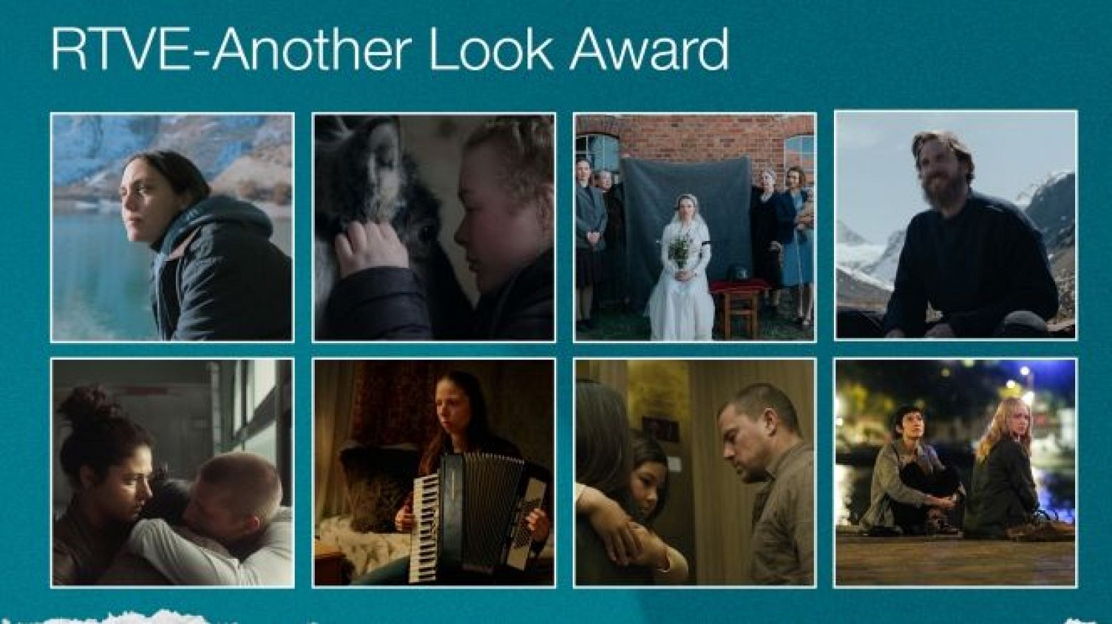 Collage de ocho imágenes de producciones audiovisuales con el texto "RTVE-Another Look Award" sobre fondo azul verdoso.