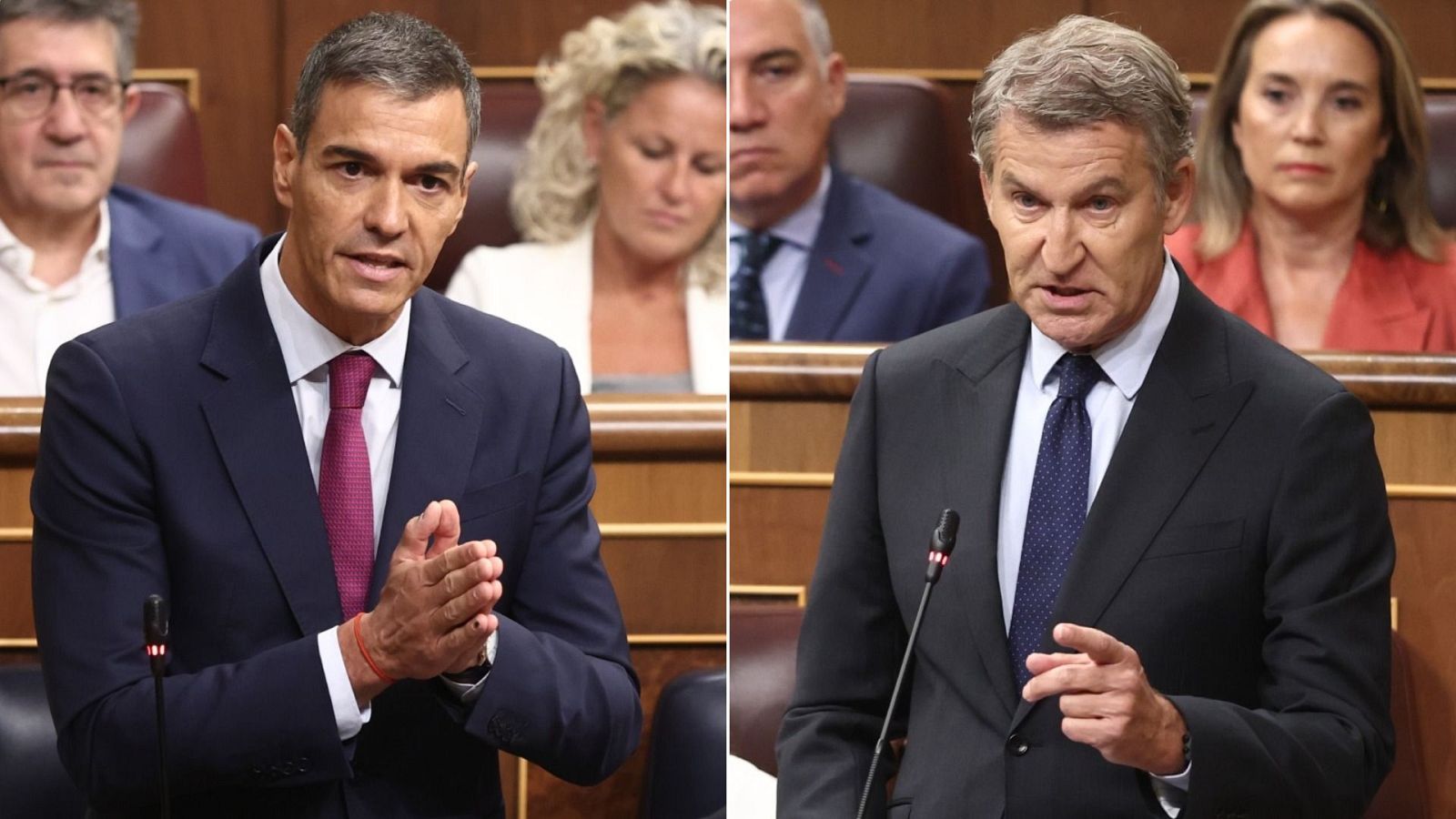 El presidente del Gobierno, Pedro Sánchez, y el líder de la oposición, Alberto Núñez Feijóo, en sesión de control en el Congreso