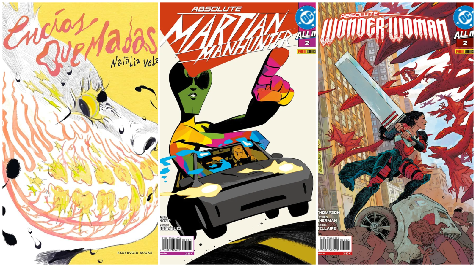 Tres portadas de cómics: "Encías Quemadas" (abstracta), "Absolute Martian Manhunter" (DC/Panini, con el personaje y coche de policía) y "Absolute Wonder Woman" (DC/Panini, con la heroína y criaturas aladas).