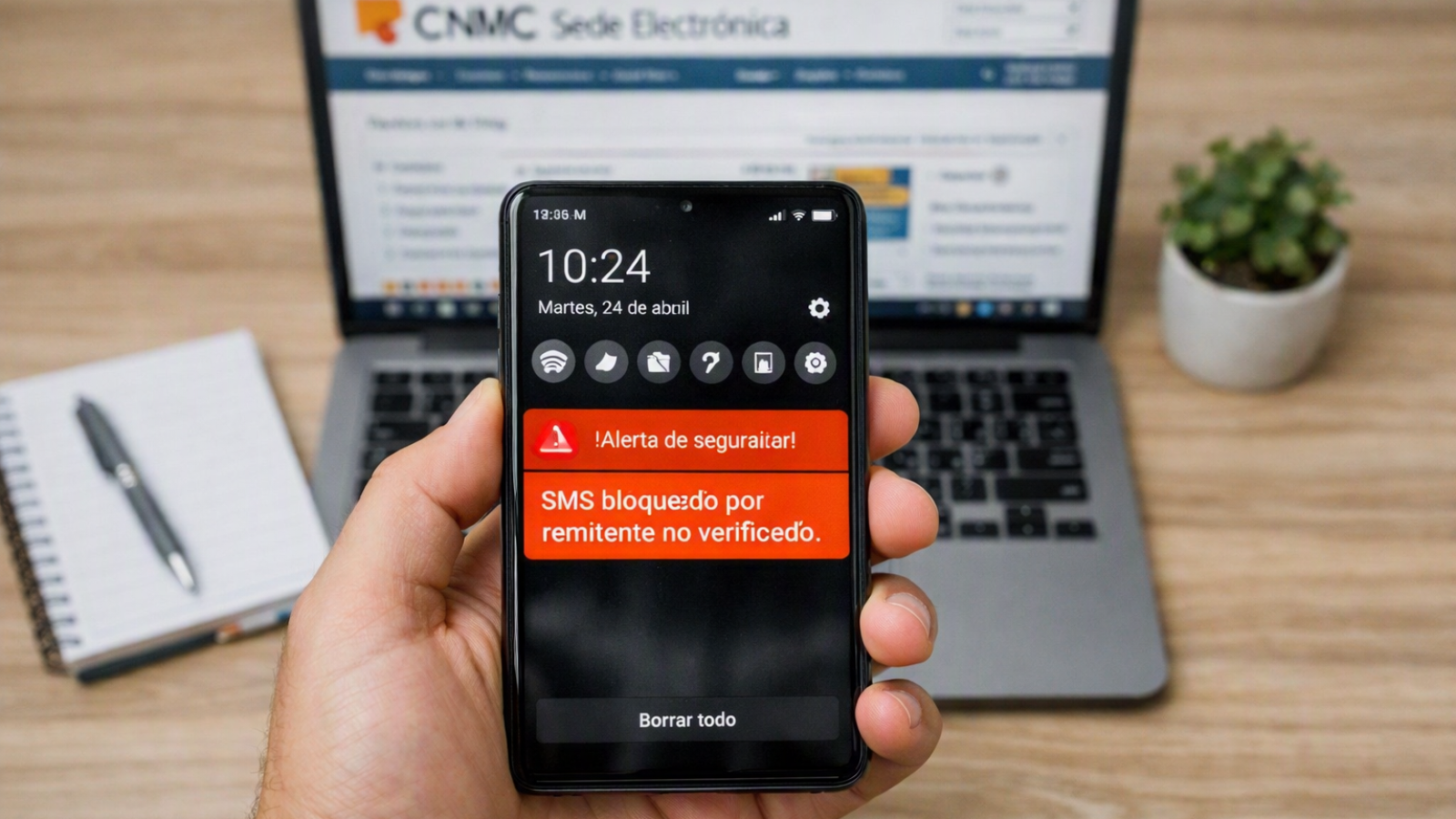 Teléfono inteligente mostrando la pantalla de mensajes con una notificación de bloqueo de seguridad ante un SMS sin remitente verificado.