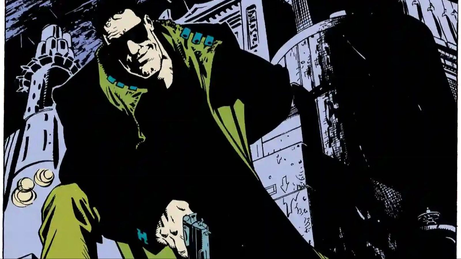 Personaje de cómic estilo Hitman agachado, con abrigo negro, gafas oscuras y arma. Fondo oscuro con estructuras y luces.