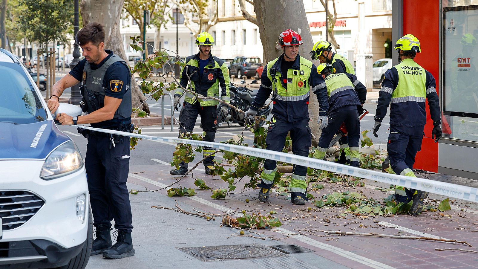 Bomberos de Valencia retiran ramas caídas a causa del viento durante la alerta naranja por fuertes lluvias.