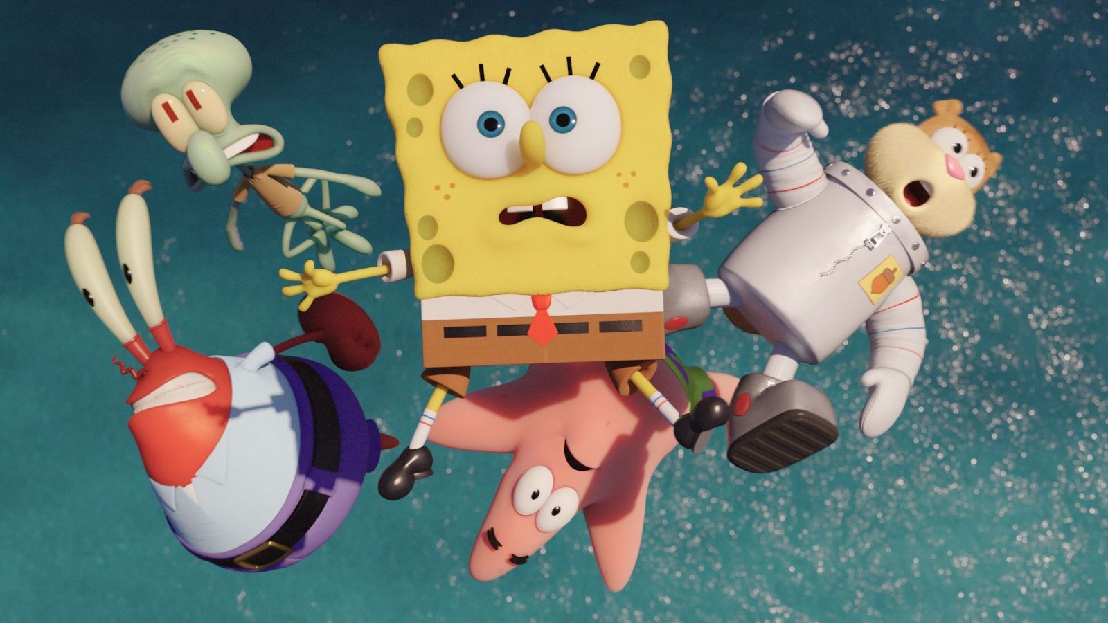 Cinco personajes de Bob Esponja (Bob Esponja, Patricio, Calamardo, Don Cangrejo, Arenita) en 3D, cayendo o flotando en un fondo submarino azul con burbujas, con expresiones de sorpresa y caos.