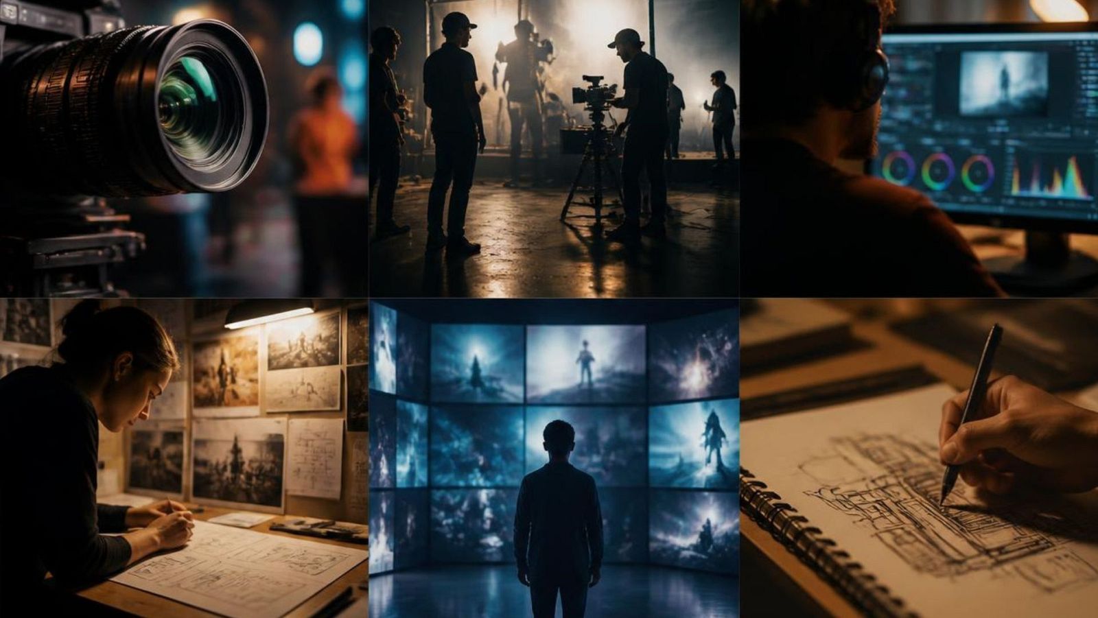 Collage de seis paneles que detalla el ciclo de producción audiovisual: diseño, rodaje, postproducción y revisión visual, con énfasis en el equipo y el proceso creativo.