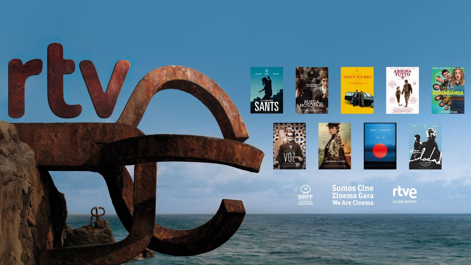 Composición visual de San Sebastián con "El Peine del Viento", logotipos de RTVE y SSIFF 74, y nueve carátulas de películas como "El Buen Patrón" y "Burundanga" con Carlos Areces y Macarena Gómez.