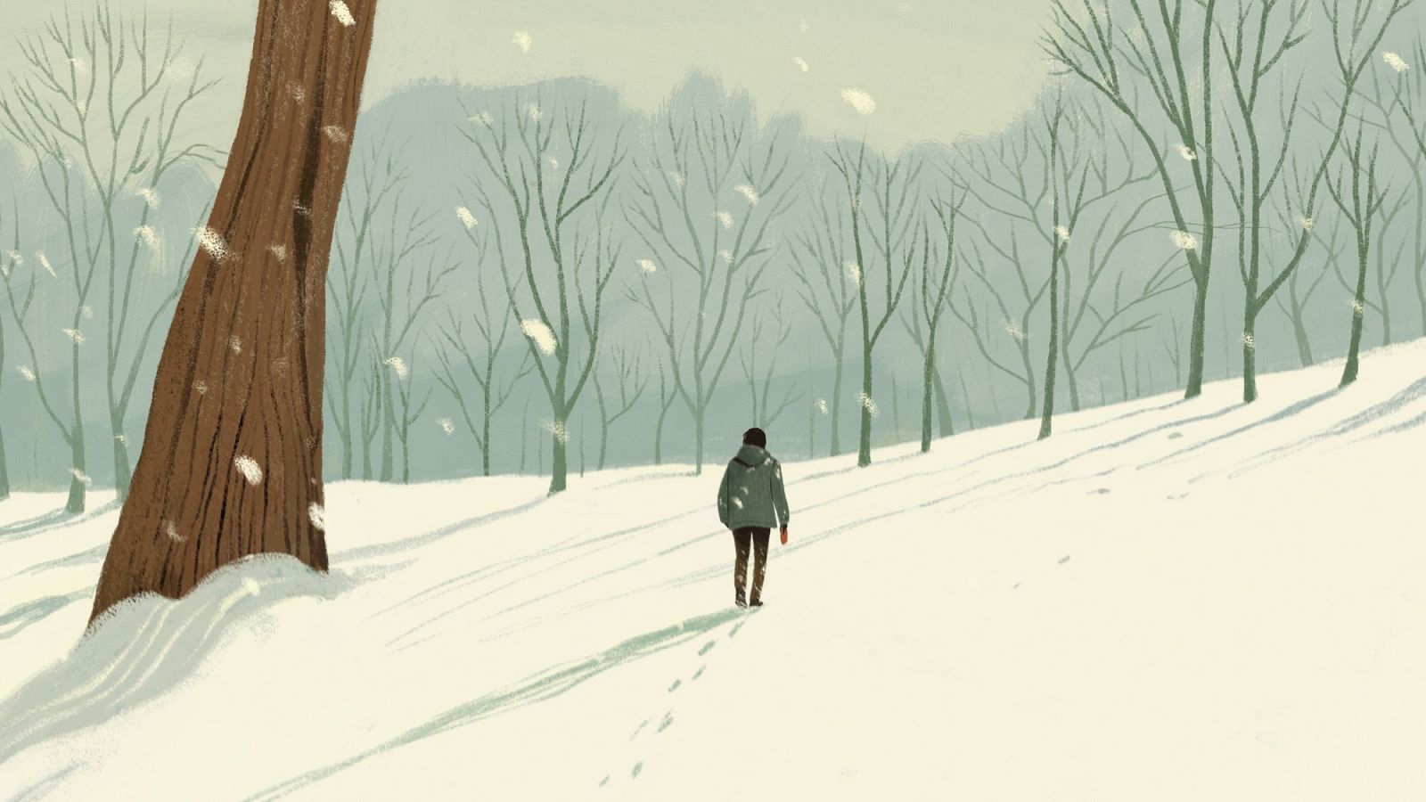 Ilustración de un paisaje invernal nevado con una persona caminando de espaldas, un tronco de árbol en primer plano y un bosque al fondo. Cae nieve.