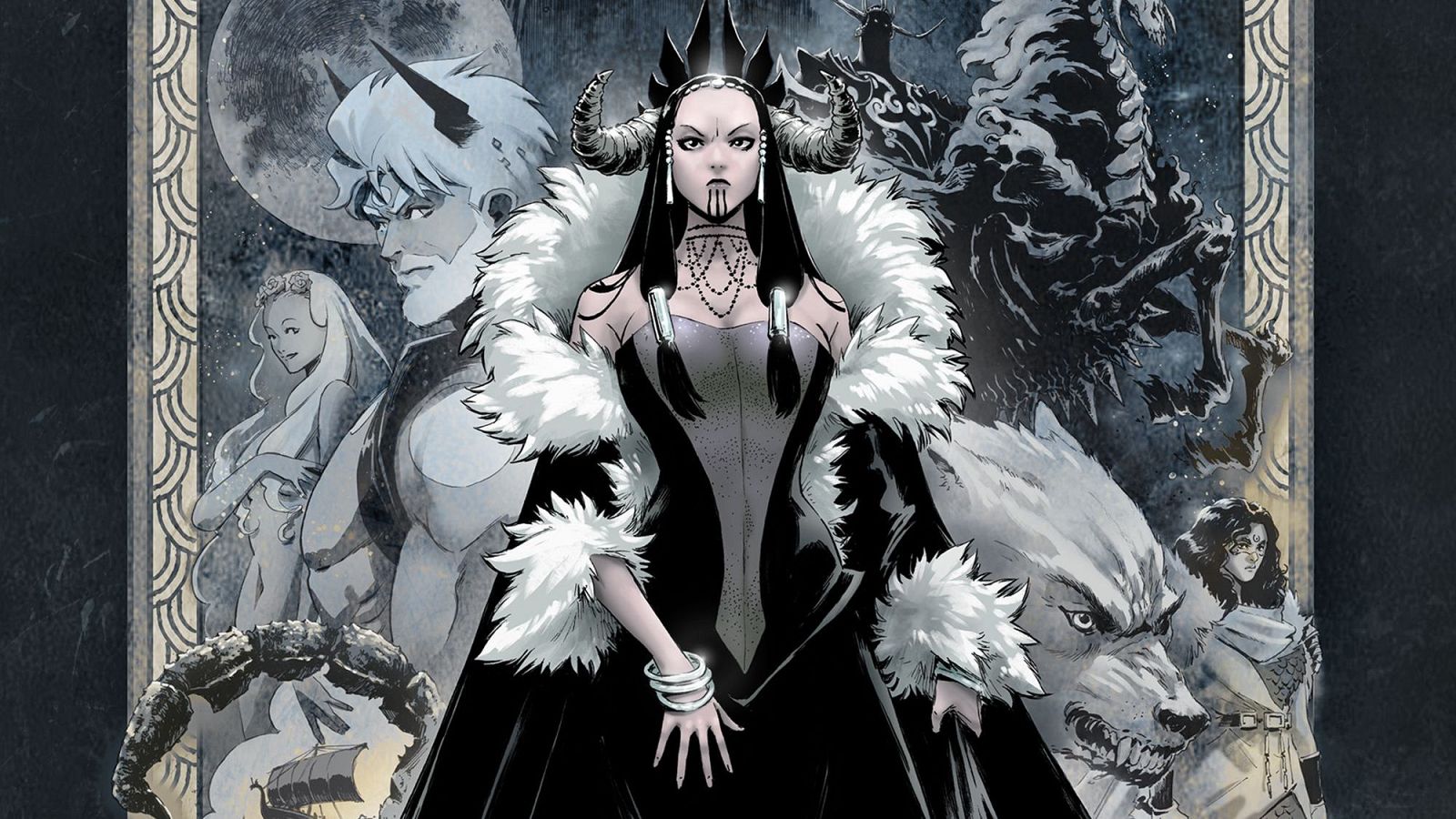 Ilustración de portada de cómic español 'Rondallas' en tonos grises y negros, con una mujer central de cuernos y vestido de piel, flanqueada por un lobo, un escorpión gigante, una luna llena y figuras sombrías.