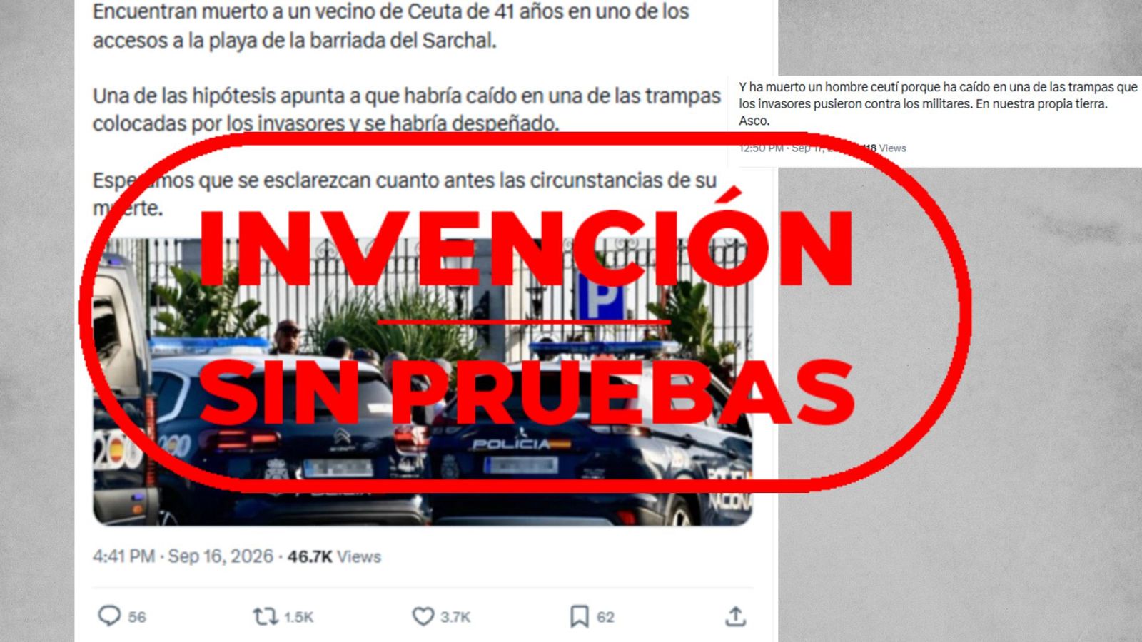 Dos mensajes que dicen que un hombre podría haber fallecido en Ceuta por una trampa de migrantes, con el sello invención sin pruebas