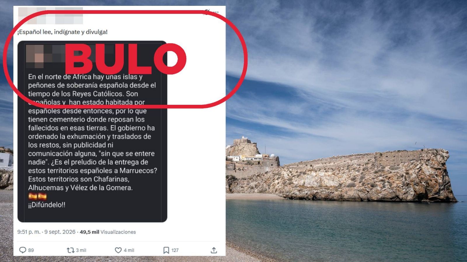 Mensaje que dice que el Gobierno ha ordenado sin comunicación una exhumación con el sello bulo sobre una imagen de fondo del peñón de Vélez