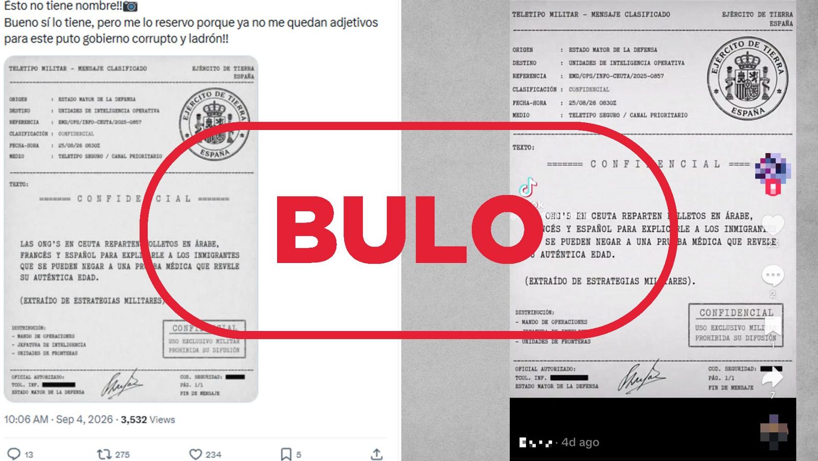 Mensajes de X y TikTok que difunden el bulo del informe confidencial del Ejército sobre las ONG en Ceuta