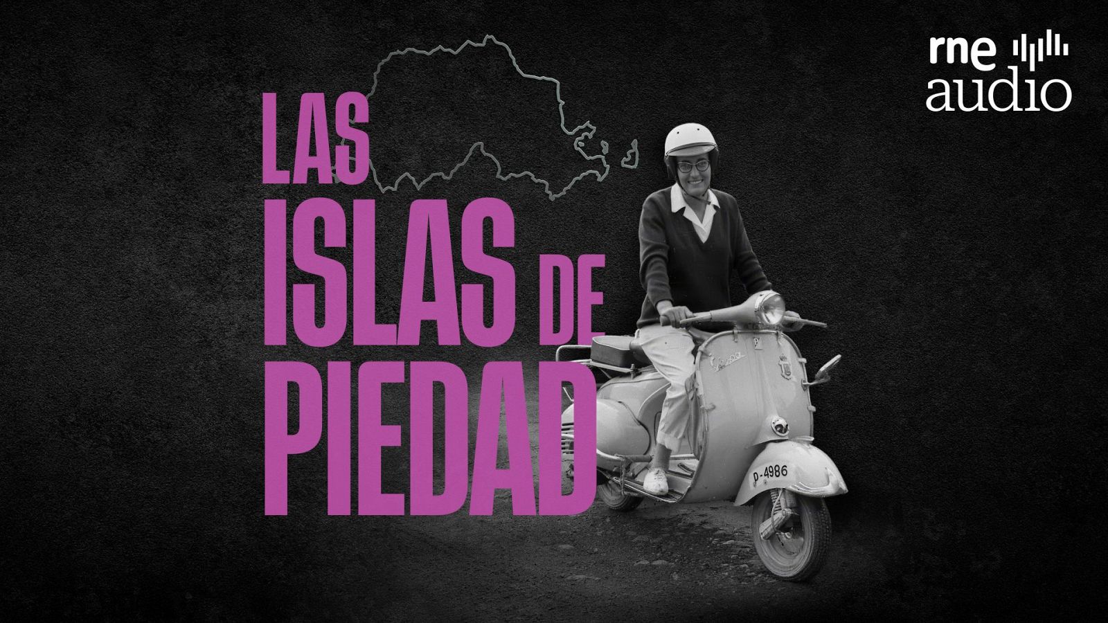 Promoción de "Las Islas de Piedad" de RNE: título morado y foto de persona mayor en moto clásica con matrícula P-4986.