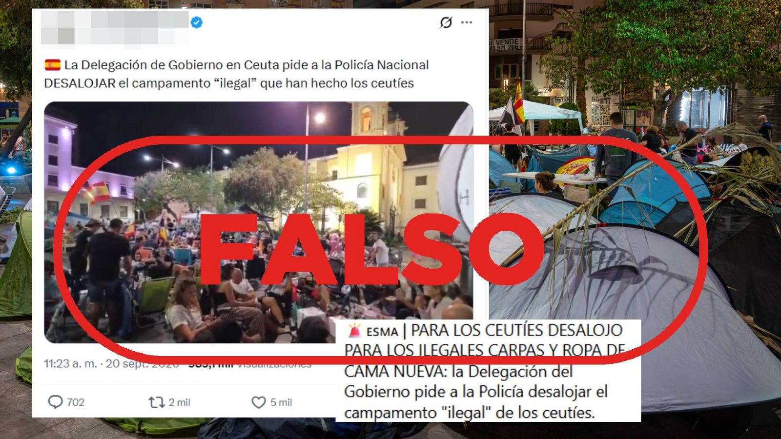Mensajes que dicen que la Delegación de Gobierno ha pedido a la Policía desalojar un campamento vecinal con el sello Falso