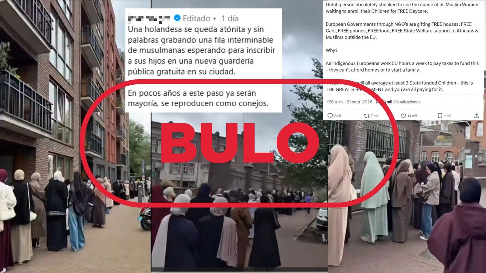 Mensajes que difunden la falsa idea de que el vídeo muestra a musulmanas haciendo cola en una guardería gratuita, con el sello Bulo