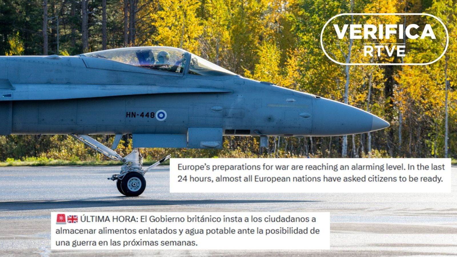 Mensajes de redes que hablan de preparativos de guerra en Europa con la imagen de un caza en Finlandia de fondo