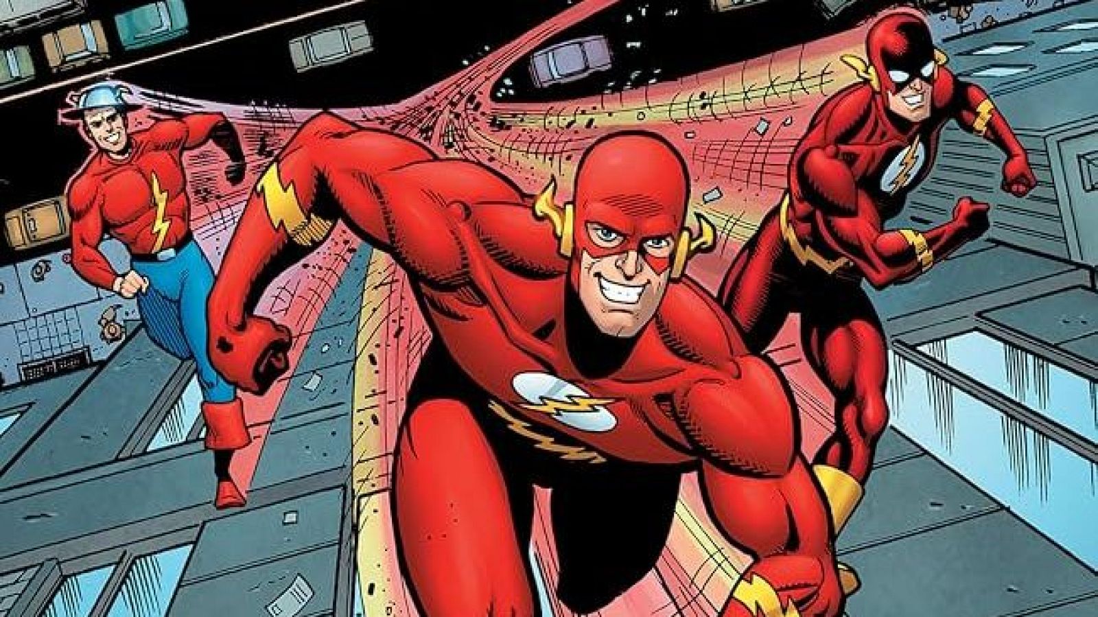 Ilustración de cómic con Jay Garrick, Wally West y Barry Allen corriendo a supervelocidad en un entorno urbano difuminado, destacando sus trajes y el efecto de la velocidad.