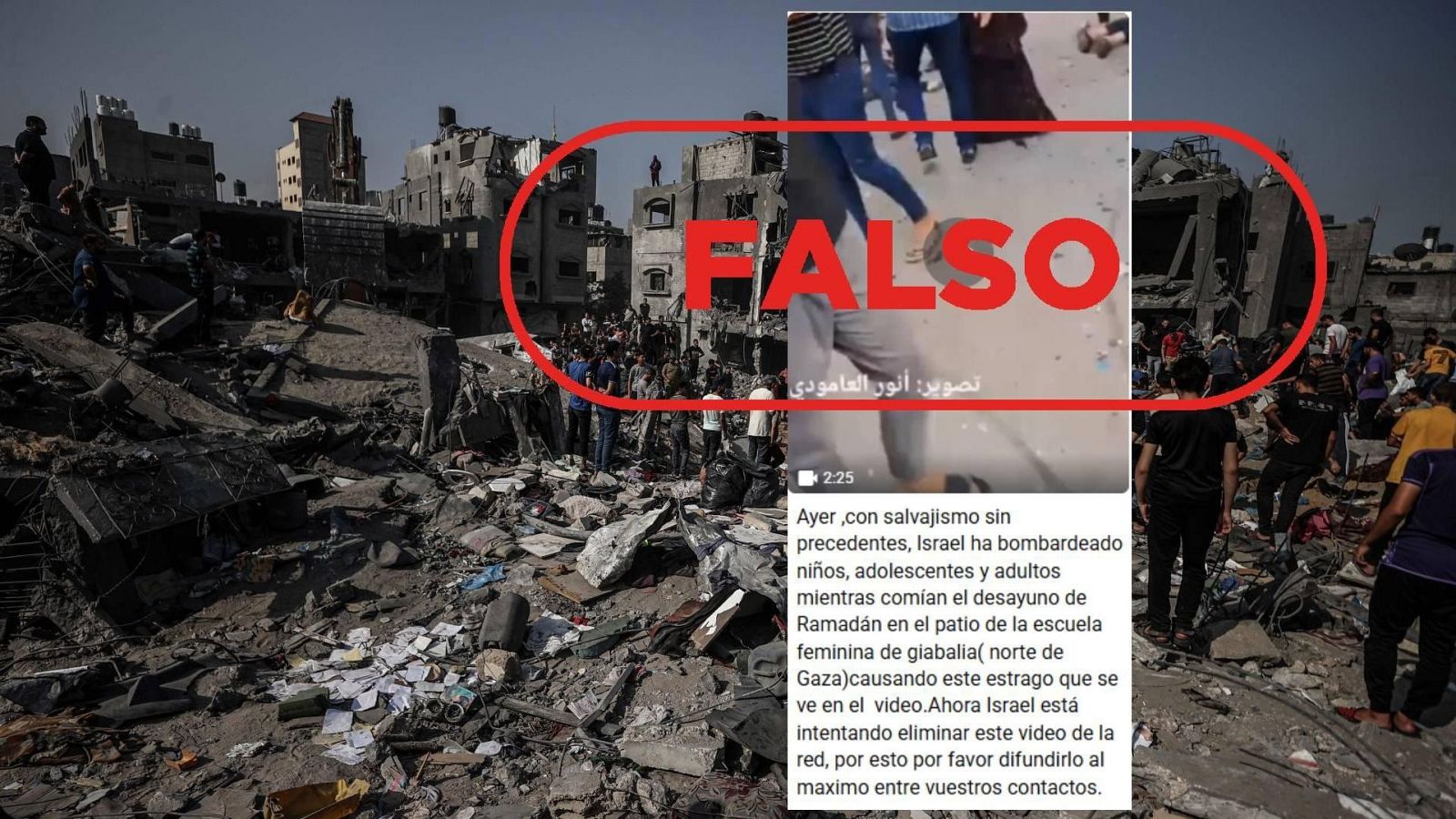 Mensaje que difunde como actual un video de un ataque israelí de 2023 en una escuela en Gaza con sello Falso