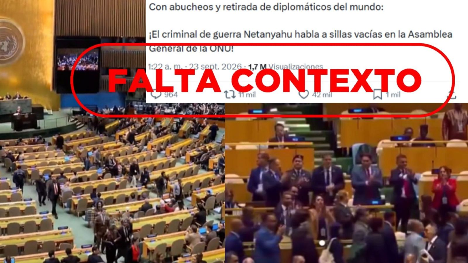 Publicaciones de X que difunden este vídeo del boicot a Netanyahu en la ONU que ocurrió en 2025