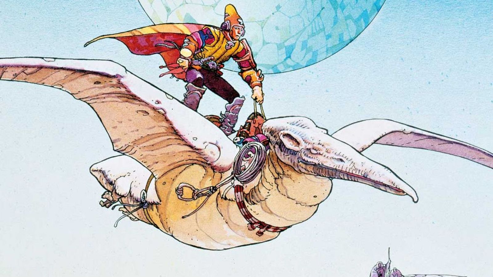 Arzak, personaje de Moebius, vuela sobre una criatura alada en un cielo azul. Lleva un sombrero cónico amarillo, túnica colorida y capa ondeante. La montura tiene alas membranosas y un arnés elaborado.