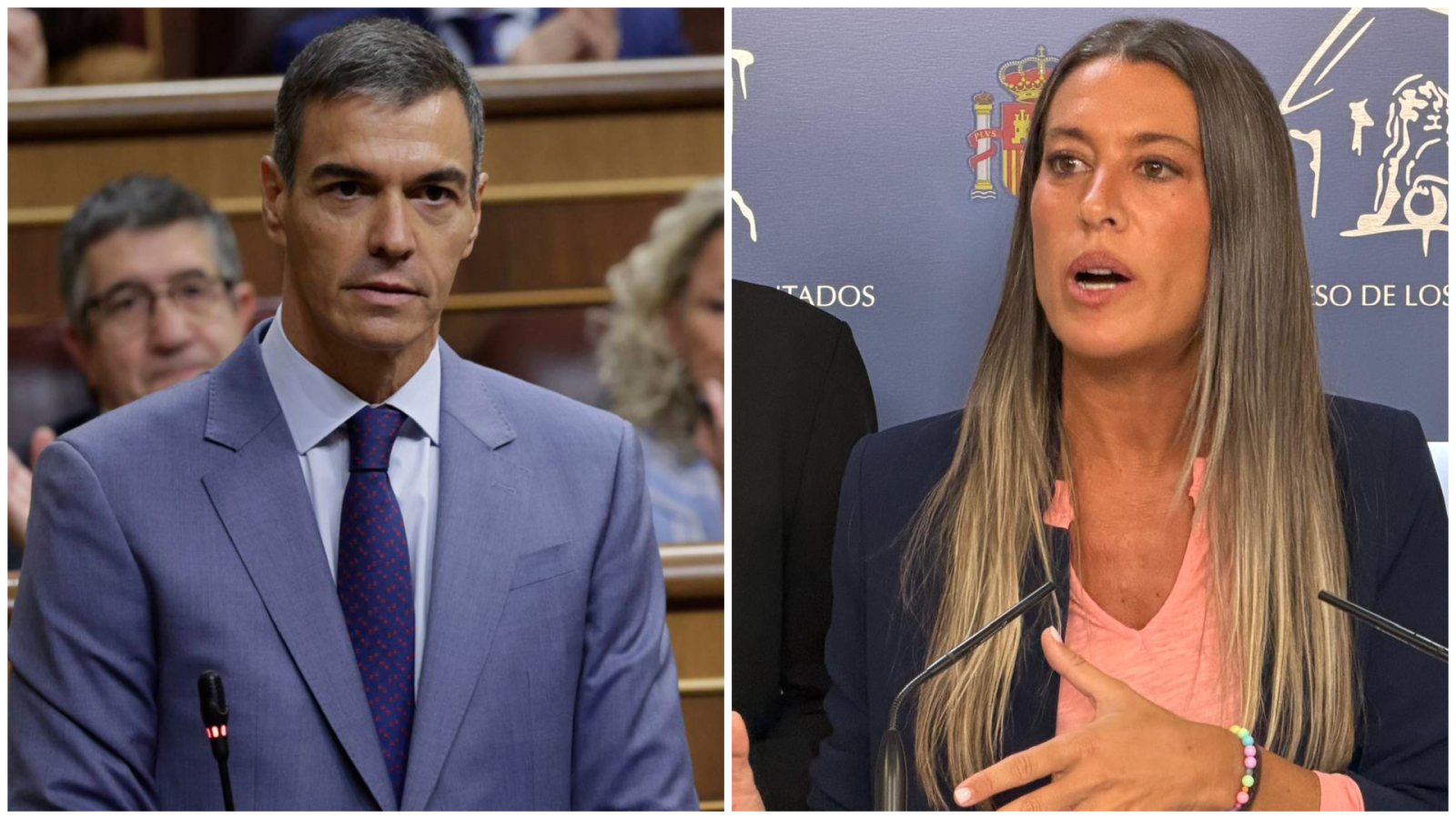 Collage de Pedro Sánchez en un hemicicle i Míriam Nogueras davant d'un atril oficial amb el text "TADOS" i "SO DE LOS".