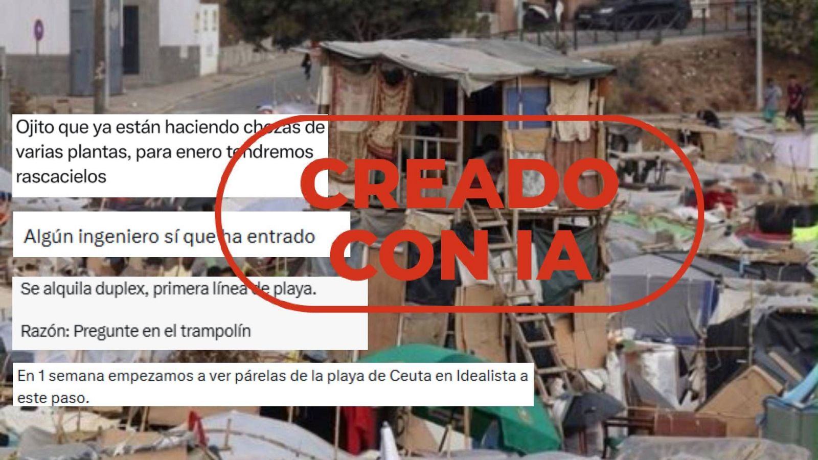 Mensajes que difunden una foto de la playa del Trampolín de Ceuta de una infravivienda con dos plantas con el sello Creado con IA