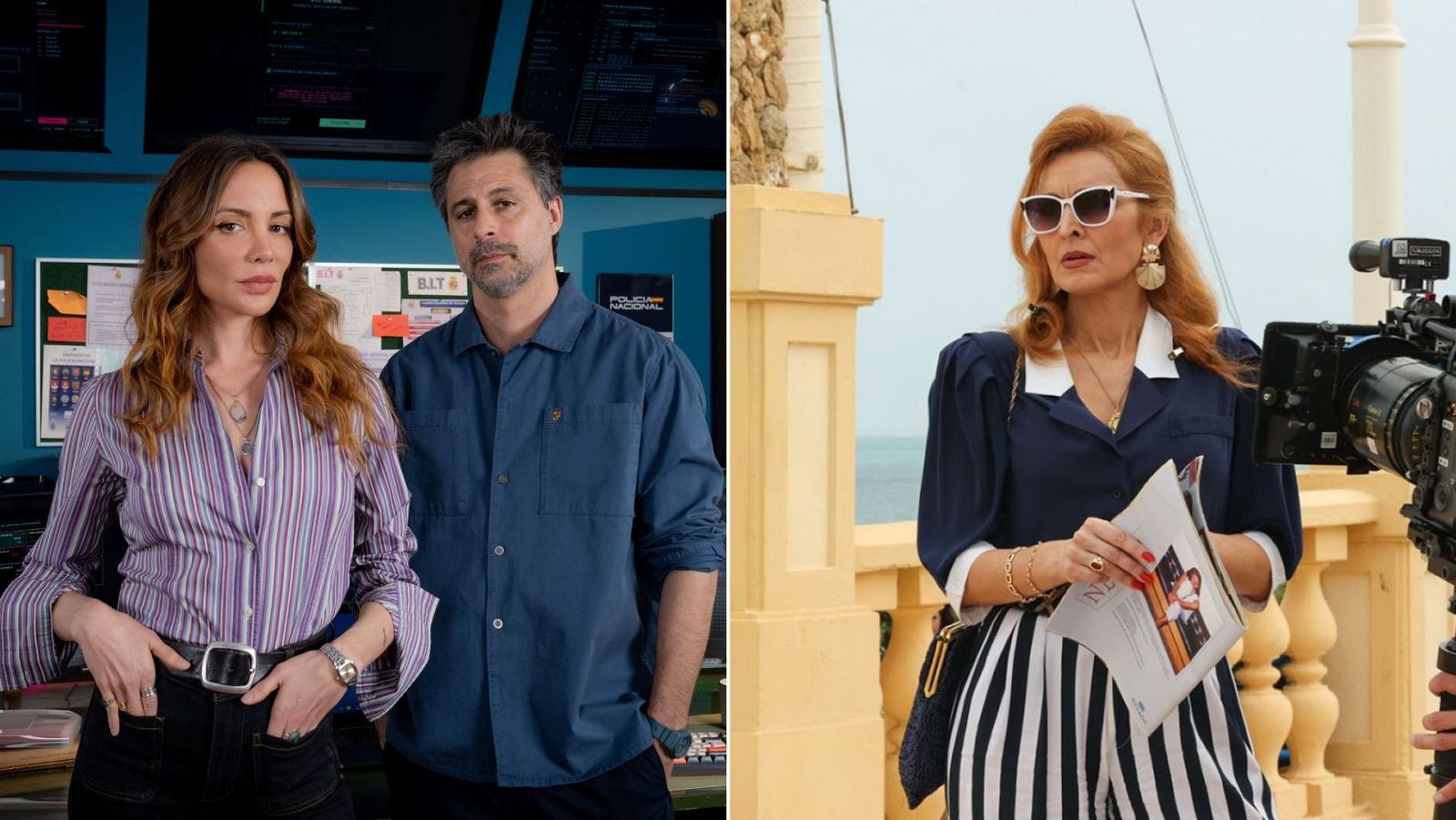 Collage de dos escenas: Megan Montaner y Alain Hernández en un set policial y Rocío Carrasco en un exterior con el mar y una cámara.