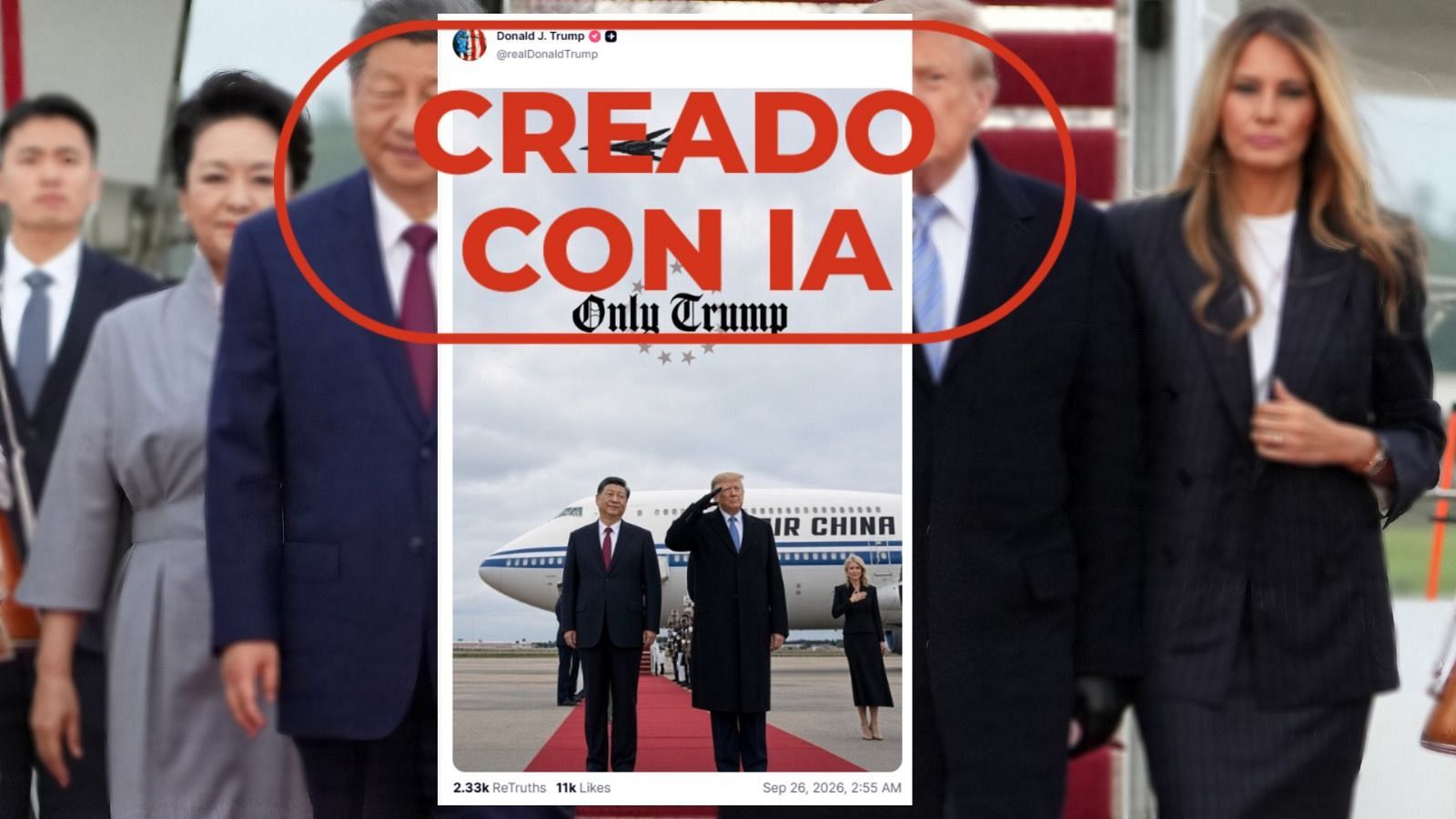 Fotografía de Donald Trump junto a Xi Jinping publicada por el presidente estadounidense en Truth Social con el sello creado con IA