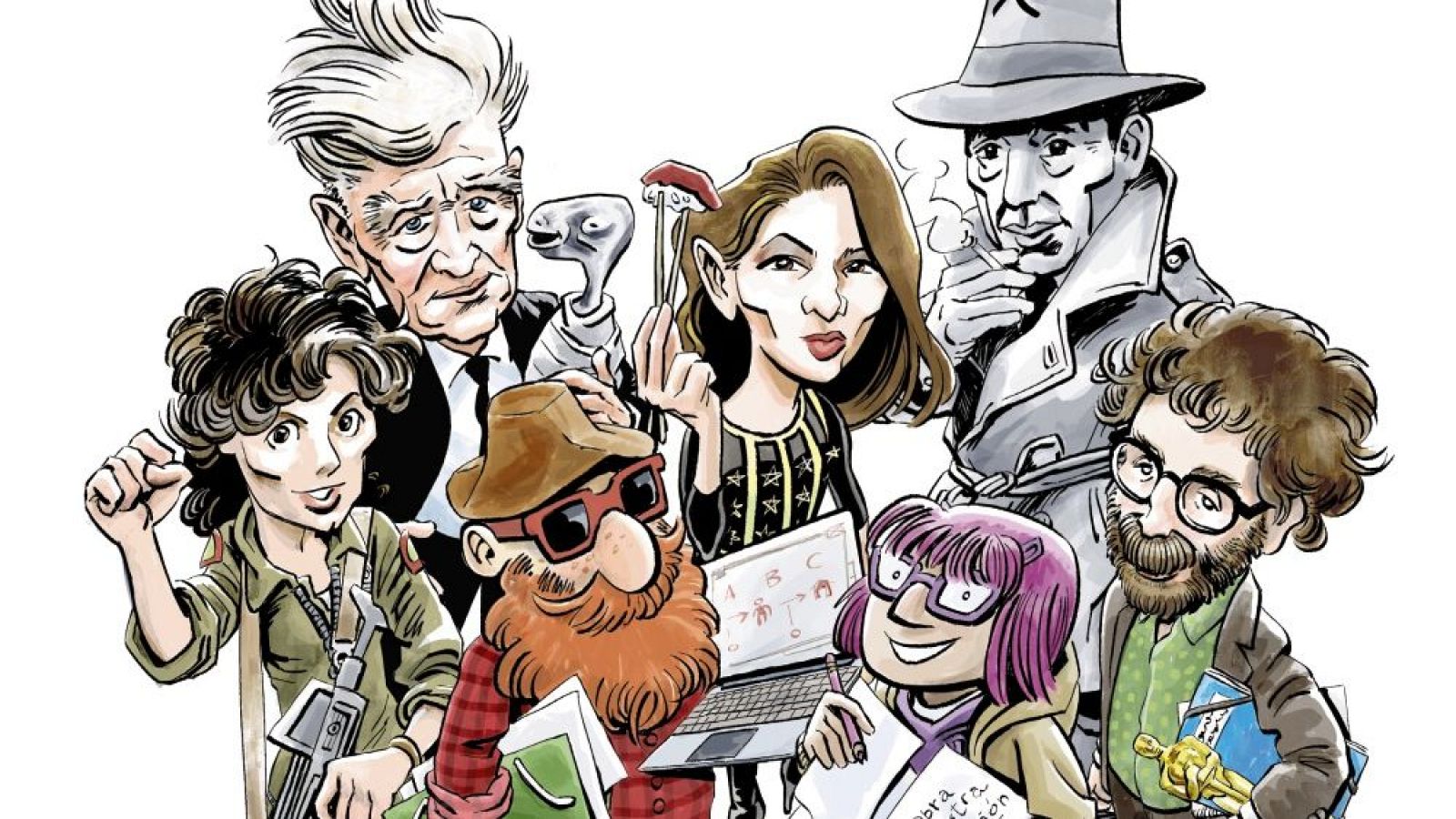 Ilustración coral de estilo cómic para 'Escribe tu peli' con figuras como Spielberg, Lynch, Ripley y Bogart junto a guionistas y creadores sobre un fondo blanco.