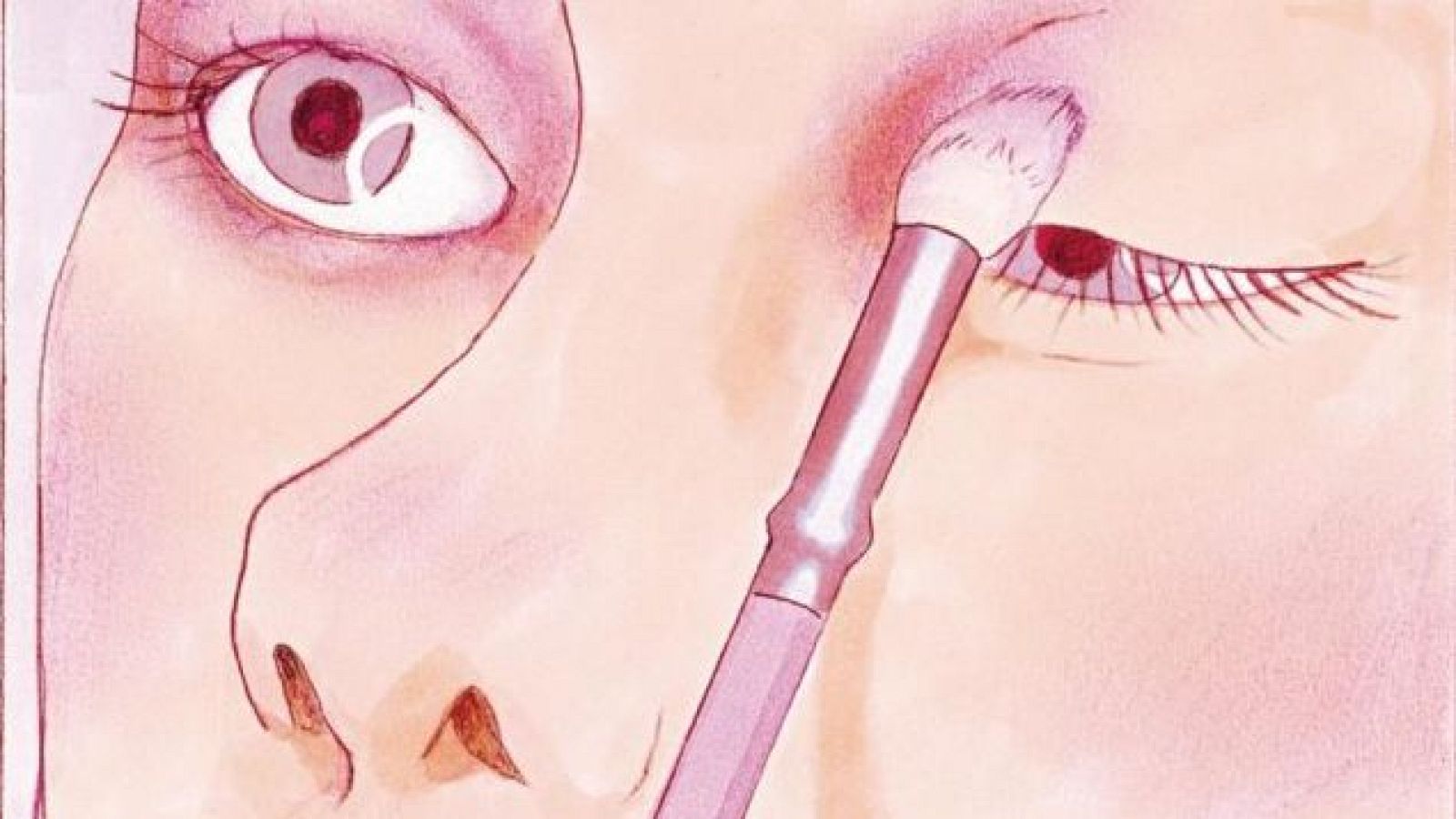 Primer plano ilustrado de un rostro maquillándose los ojos con una brocha, en tonos suaves rosados y malvas.