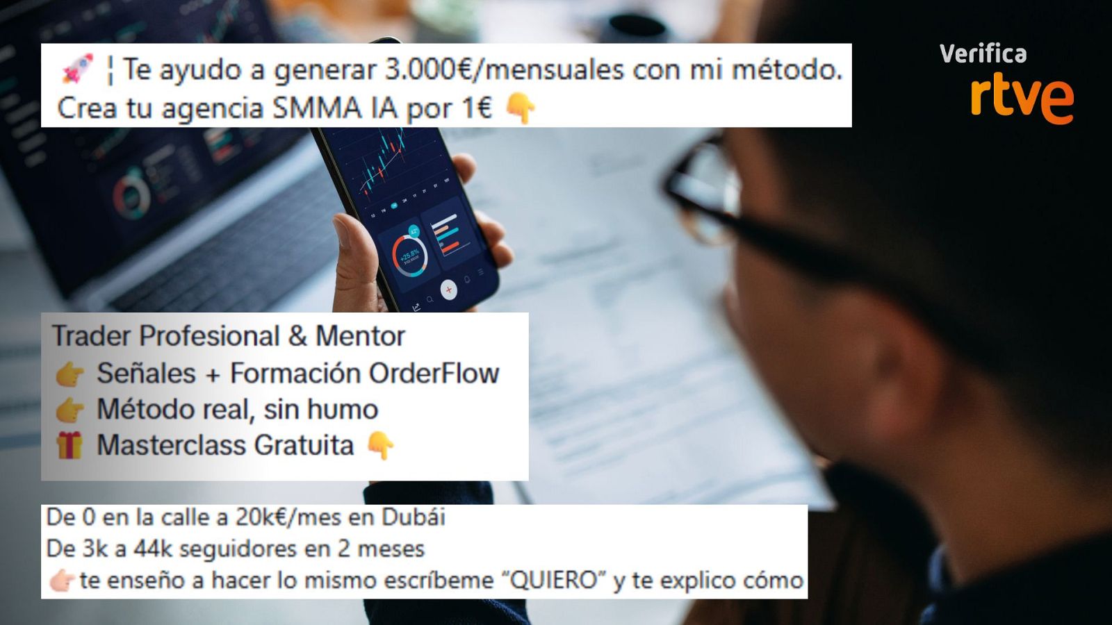 Mensajes en redes con distintas propuestas para ganar dinero en internet con sello de VerificaRTVE